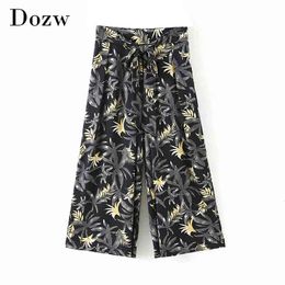 Casual Printed Wide Leg Pants Women Chic Bow Tie Knitted Pleated Trousers Female Loose Solid Holiday Pants Pantalones 210414