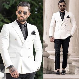 White 2 Pieces Mens Suits Slim Fit Male Tuxedos For Wedding Tailored Blazers Peaked Lapel Groom Wear Double Breasted Prom Jackets With Pants