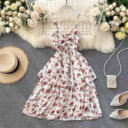 Summer Women Sexy V-neck Sling Overknee Dress Cascading Ruffle Slim Printing High Waist A-line Vestidos 210430