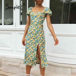 Floral print country slit midi women Slim short lantern sleeve summer dresses A-line high waist holiday dress lady 210414