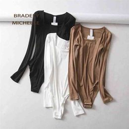 BRADELY MICHELLE Sexy Women Slim Long Sleeve Cotton Tops Bodysuits With Hidden Button 210715