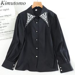 Kimutomo Chic Korean Style Blouse Women Heavy Beading Turn-down Collar Long Sleeve Single Breasted Shirt Outwear Elegant 210521