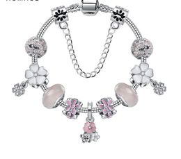 925 Sterling Silver Murano Lampwork Pink Cherry Blossom Bead Enamel Flower Charms fit European Pandora Bracelets Women DIY Charm Beads Snake Chain Fashion Jewelry