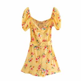 chic lady yellow za floral print slim summer palysuit women fashion short puff sleeve elastic bust jumpsuit with belt 210421
