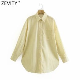 Women Vintage Single Pocket Yellow Striped Print Loose Smock Blouse Office Lady Business Shirt Chic Blusas Tops LS9030 210416