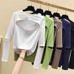 Summer Cotton Long Sleeve T shirt Women Tops Tshirt Korean Style T-shirt Clothes Slim Chic Tee Shirt Femme 210507