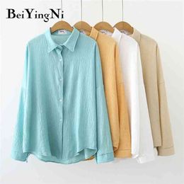 Summer Thin Long Sleeve Shirts Female Plain Pleated Oversized Tops Women Casual White Blouses Chic Young Blusas 210506