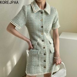 Korejpaa Women Dress Summer Korean Chic Elegant Temperament Lapel Single-Breasted Striped Tweed Short-Sleeved Vestidos 210526