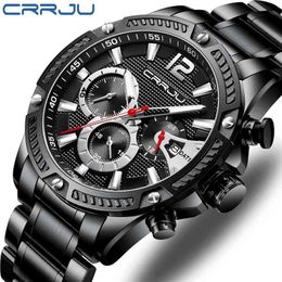 Men Stainless Steel Watches CRRJU Fashion Chronograph Watches for Mens Luxury Brand Calendar Quartz Man Watches reloj hombre 210517