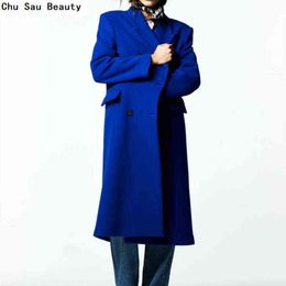 ZA Women's Blue Trend Woollen Coat Autumn/Winter Fashion High Street Double-Breasted Lapel Mid-Length Loose Jacket 211118