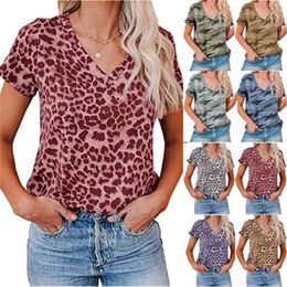 Leopard T-shirts Sexy V-neck Short Sleeve Womens Loose Summer T Shirt Plus Size Tops Casual Clothing Tee Camouflage Femme 210604