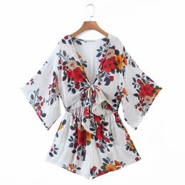 Spring Women Flower Print Chiffon V Neck Lace Up Bowknot Siamese Shorts Casual Lady Pagoda Sleeve Loose Jumpsuits P1979 210430