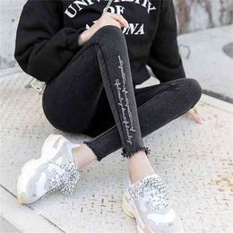 Embroidery Jeans High Elastic Boyfriend Female Washed Denim Skinny Printed Pencil Pants Ripped Streetwear Trousers 210708