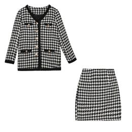 Women White Black Houndtooth Pocket Single-breasted Coat Jacket Empire Mini Skirt Elegant 2 Pieces Set T0304 210514