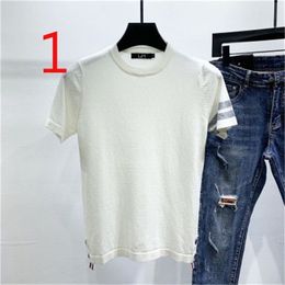 Men's Half Sleeve Tight Embroidery Breathable T-shirt Striped Social Short Knit Top 210420