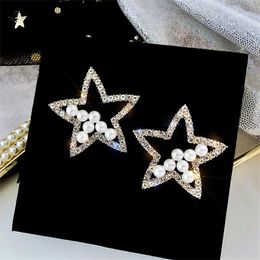 Five Pointed Star Earrings Imitation Pearl Rhinestone Ear Studs Alloy Silver Gold Plated Women Stud Fashion Jewelry