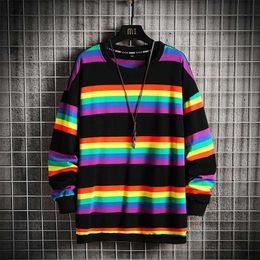 Harajuku Style Men High Street Sweatshirt Stripe O-neck Sweatshirt Men Spring Autumn Fashion Long Sleeve Shirt Cool 211014