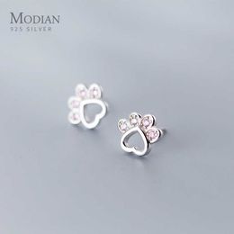 Cute Cat Paw Pattern Stud Earrings for Women And Girl 925 Sterling Silver Sweet Pink Zircon Fine Jewelry 210707