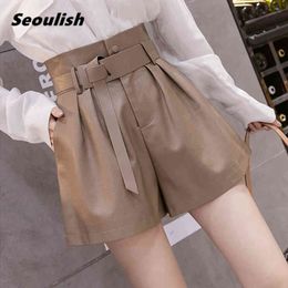 Seoulish Autumn Winter Black PU Faux Leather Women's Sashes High Waist Wide Leg Shorts Elegant Female Trousers