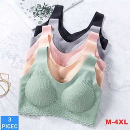 3Pcs Sexy Lace Latex Women's Bras Underwear Comfortable Seamless Brassiere No Steel Ring Push Up Bralette With Pad Vest Top 211217