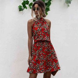 Halter Red Floral Print Dress Summer Casual Beach es Office Elegant Short Boho 210427