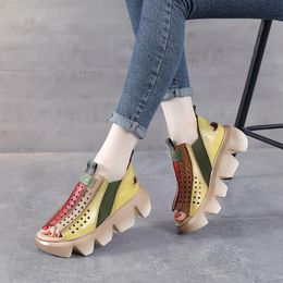 sponge sandals UK - Sandals Retro First Layer Cowhide Thick-soled Sponge Cake Hollow Single Shoe Hole Women's Shoes Wedge Leather Women Summer