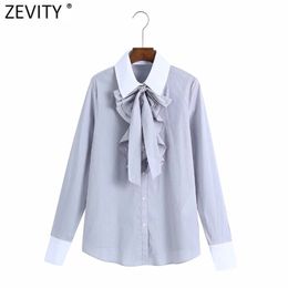 Women Sweet Bow Tied Ruffles Deocraion Stripe Shirts Office Ladies Patchwork Casual Roupas Chic Femininas Tops LS7389 210420