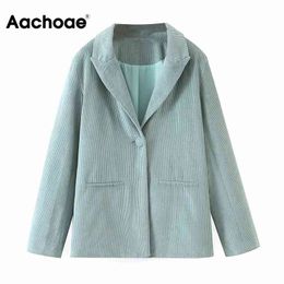 Aachoae Solid Casual Corduroy Blazer Suit Autumn Spring Notched Neck Elegant Blazer Women Single Button Ladies Tops Outerwear 210413