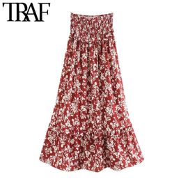 TRAF Women Chic Fashion Floral Print Ruffled Maxi Skirt Vintage High Elastic Waist Smocked Female Skirts Faldas Mujer 210415