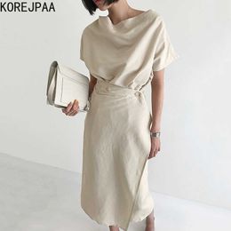 Korejpaa Women Dress Summer French Elegant Pile Collar Design Sense Three-Button Waist Irregular Short-Sleeved Wrap Vestido 210526