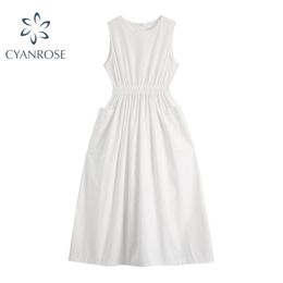Sleeveless Elegant Dresses Women High Waist Slim White Vestidos Mujer Off Shoulder Stylish Korean OL Beach 210515