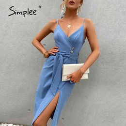 Sexy V-neck Spaghetti Strap Women Dress Elegant Asymmetrical Summer Cotton Midi Dresses Blue Bodycon Party Vestidos 210414