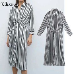 Klkxmyt Za Dress Women Fashion Black White Striped Midi Knot Button Up Long Sleeve Casual Woman es 210527