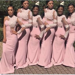 2021 Blush Pink Mermaid Bridesmaid Dresses One Shoulder Long Sleeve Lace Appliques Illusion Party Wedding Guest Gowns Maid Of Honour Dress