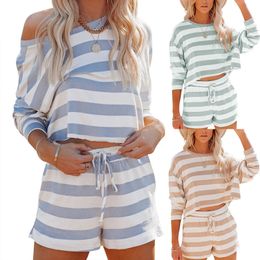 2021 spring and summer new women's long-sleeved shirt shorts striped sweater casual two-piece suit X0428