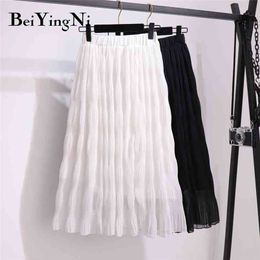 Summer Long Chiffon Pleated Skirts Womens White Black High Waist Casual Office Skirt Fashion Saias Faldas Female 210506