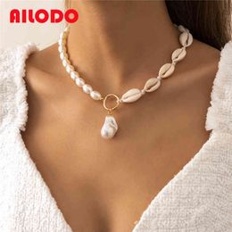 Ailodo Boho Shell Chokers For Women Elegant Pearl Statement Necklace Collier Summer Beach Fashion Jewellery Girls Gift