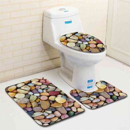 3pcs/Set Carpet Bathroom 3D Stone Printing Non-Slip Bath Mat Doormats Decor Toilet Seat Cover Rug 210401