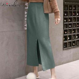 Knit Splits Midi Skirts Women Fashion Korean Hispter Skirt Spring Elegant High Waist Stretchy For Female Ladies B04404B 210421