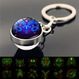 Glow in The Dark Zodiac Jewellery with Glass Ball Gemini Leo Virgo Double Side Keychain for Men Women Gift