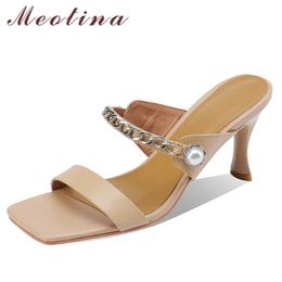 Meotina Women Slippers Shoes Natural Genuine Leather Sandals Chain High Heel Slides Square Toe Thin Heel Ladies Footwear Summer 210608