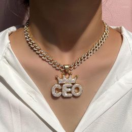 Chains Flatfoosie Iced Out Crystal Miami Cuban Link Chain Necklace For Women Crown Letter Rhinestone Pendant Hip Hop Jewellery