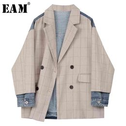 [EAM] Women Khaki Plaid Denim Big Size Blazer New Lapel Long Sleeve Loose Fit Jacket Fashion Tide Spring Autumn 1X214 210330