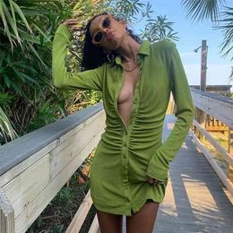 ruched velvet party club dress women button up short mini sexy winter casual green vestidos 210427