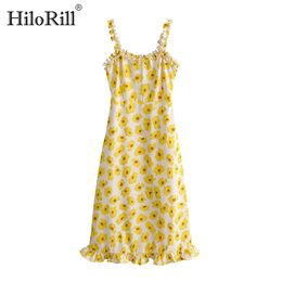 Boho Floral Print Midi Dress Summer Sexy Spaghetti Strap Backless Holiday Beach Women Ruffles Sundresses Vestido 210508