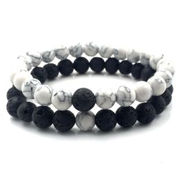 2pcs/set 8mm White Howlite stone and Volcanic Rock Lava Stone Beads Bracelets set For Women Men Stretch Jewelry gift
