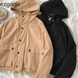 Ezgaga Cargo Jackets Women Hooded Solid Long Sleeve Button Zipper Pockets Hooded Drawstring Solid Jacket Streetwear Autumn 210430