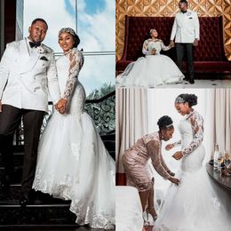 2021 Plus Size African Mermaid Wedding Gowns Sheer Jewel Neck Illusion Long Sleeved Bridal Dress Arabic Lace Appliqued Sweep Train Vestidos De Novia AL9126