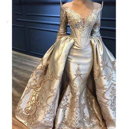 Sier Dubai Muslim Evening Dress Long Sleeve Overskirt Beading Arabic Formal Party Gowns for Women Prom Dresses es