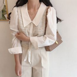 Women Patchwork Tweed Blouse Female Chiffon Long Puff Sleeve Peter Pan Collar Vintage Shirts Woman Casual Short Top 210519